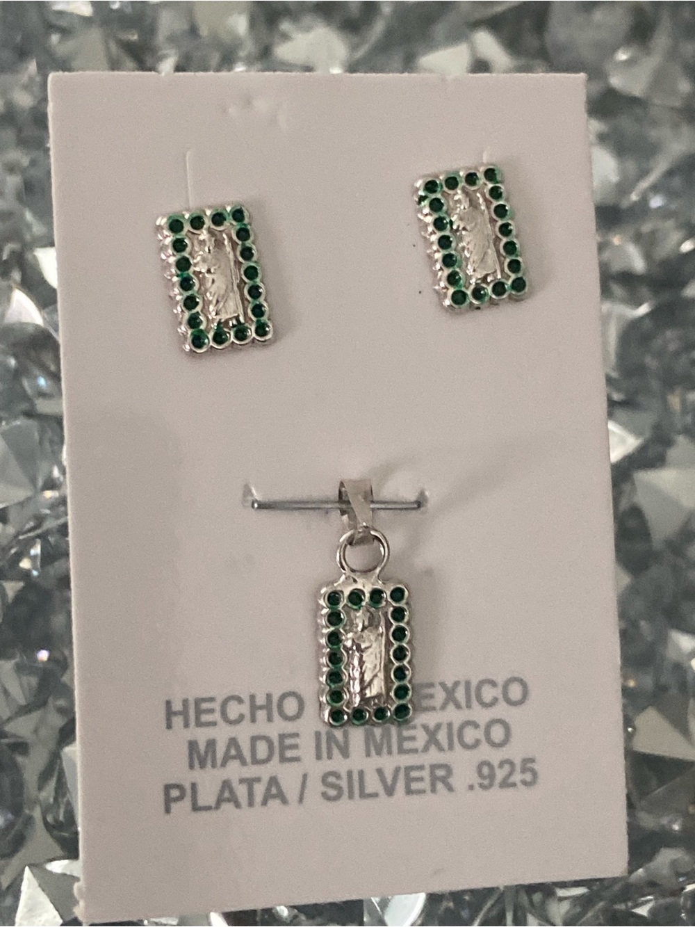 Sterling Silver 925 Green Saint Jude Rectangular Pendant & Stud Earrings Set